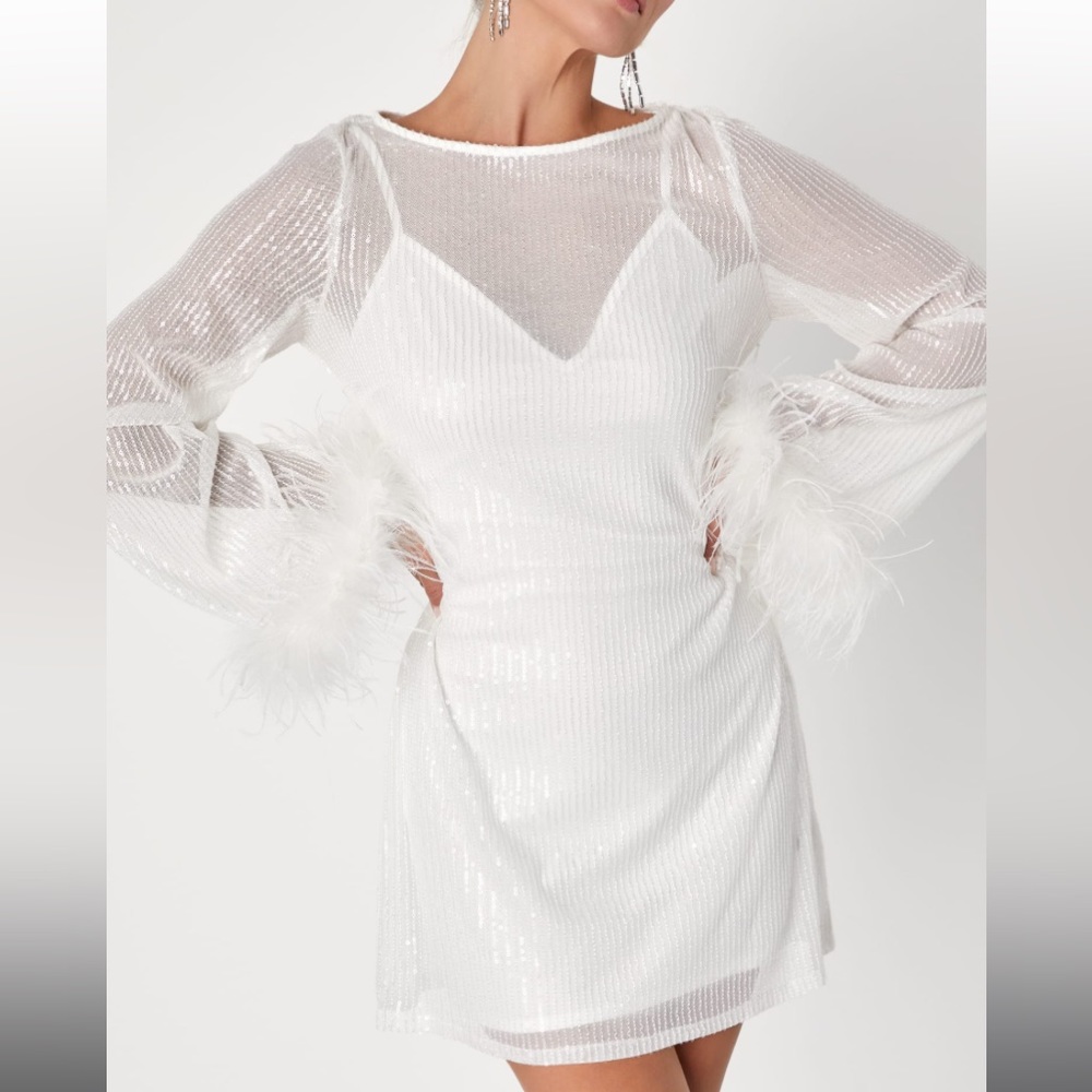 Lulu’s Size Small Marvelous Energy White Sequin Mesh Long Sleeve Mini Dress